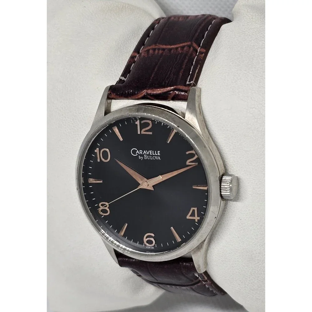 Men's Caravelle New York by Bulova Black Dial Brown Leather Strap Watch 13